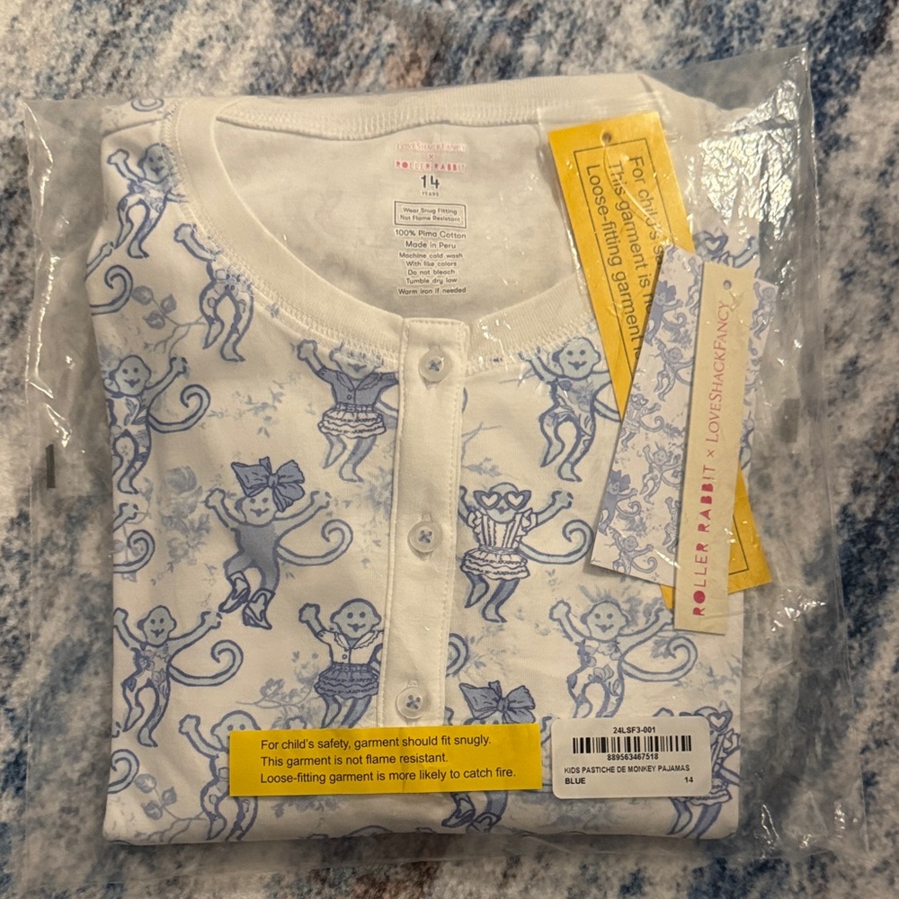 Sold out Roller Rabbit x LOVESHACKFANCY Kids Blue Monkey Pajama Set Size 14